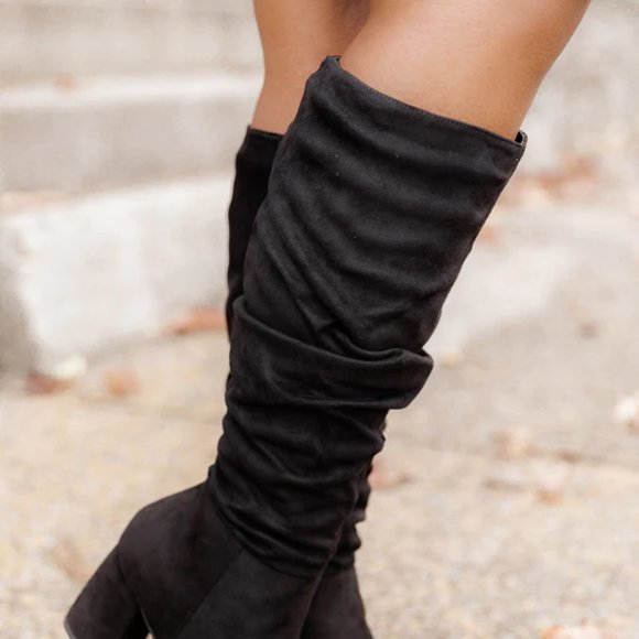 Pink Lily Suede Black Block Heel with Ruched Fabric Tall Boots Size 6.5 - Picture 5 of 10